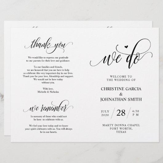 Wir tun, Schwarz, klappbares Hochzeitsprogramm (Vorne/Hinten)