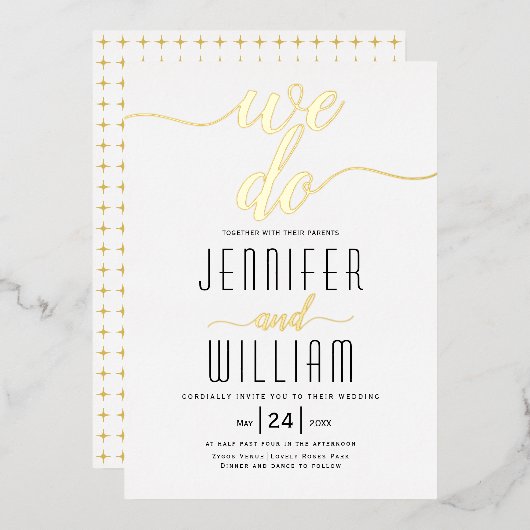 "Wir tun" Skript-Kalligrafie Hochzeit echtes Gold Folieneinladung (Vorderseite/Rückseite)