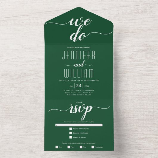 "Wir tun" smaragdgrüne Skriptkalligrafie Hochzeit All In One Einladung (Innen Boden)