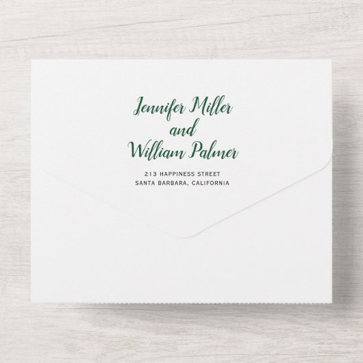 "Wir tun" smaragdgrüne Skriptkalligrafie Hochzeit All In One Einladung (Rückseite)