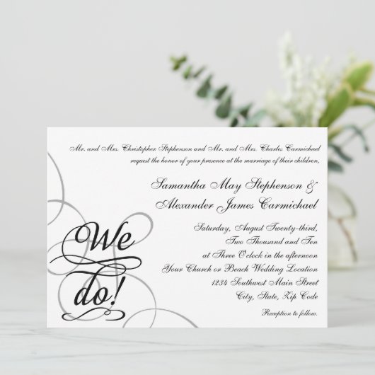 Wir tun, Wirble Schwarz-Weiß-Hochzeit Einladung (Stehend Vorderseite)