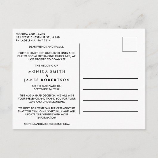 Wir verkleinern unser Hochzeitssemble Foto Ankündigungspostkarte (Rückseite)