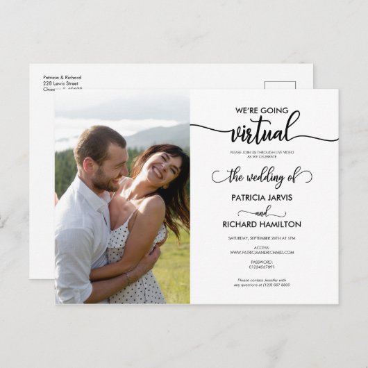 Wir werden eine virtuelle Online-Hochzeitseinladun Postkarte (Vorne/Hinten)