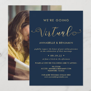 Wir werden Virtual Navy & Gold Wedding Foto Einladung