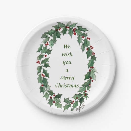 "Wir wünschen dir.." Traditioneller Holly Wreath Pappteller (Vorderseite)