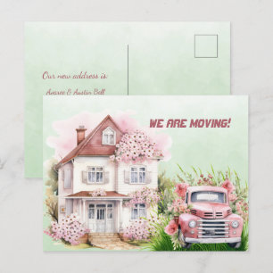 Wir ziehen um Pinker Vintage-LKW und Haus Postkarte