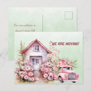 Wir ziehen um Pinker Vintage-LKW und Haus Postkarte