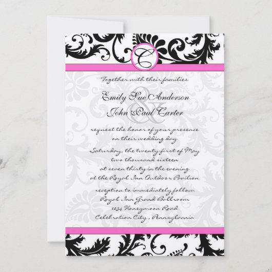 Wirbel aus schwarzem und weißem Damast (Hot Pink T Einladung (Vorderseite)