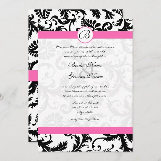 Wirbel aus schwarzem und weißem Damast (Hot Pink T Einladung (Vorne/Hinten)
