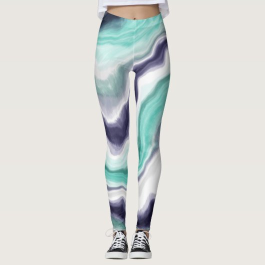 Wirbel aus türkisfarbenem, blauem und weißem Marmo Leggings (Vorderseite)