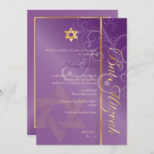 Wirbel Bat Mitzvah/plum/gold Einladung (Vorne/Hinten)