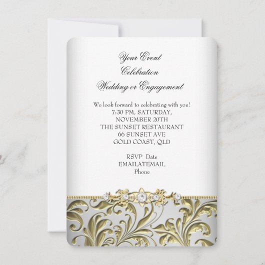 Wirbel Blumengoldsilber Hochzeit oder Verlobung Einladung (Rückseite)