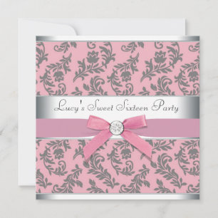 Wirbel-Damaskus-Rosa und Grau Sweet 16 Party Einladung