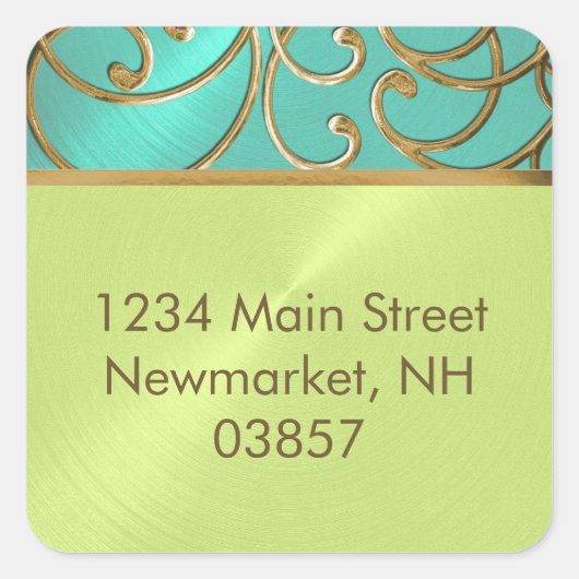 Wirbel der Aqua Lime Green Gold Filigree Quadratischer Aufkleber (Vorderseite)