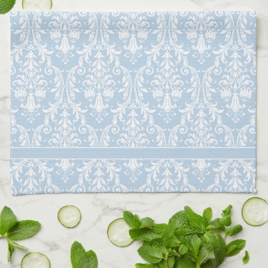 Wirbel für hellblaue Flora Damask 4 Monogramm Geschirrtuch (Gefaltet)