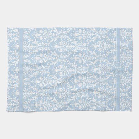 Wirbel für hellblaue Flora Damask 4 Monogramm Geschirrtuch (Horizontal)