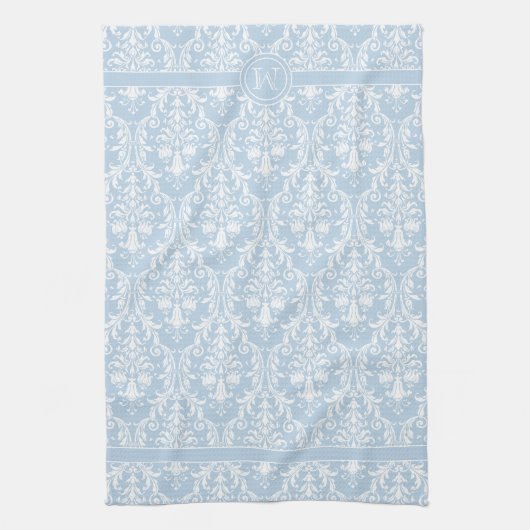 Wirbel für hellblaue Flora Damask 4 Monogramm Geschirrtuch (Vertikal)