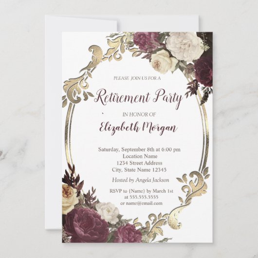 Wirbel Gold Frame, Burgund Blume Rente Einladung (Vorderseite)