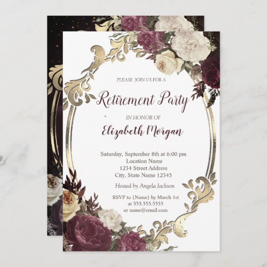 Wirbel Gold Frame, Burgund Blume Rente Einladung (Vorne/Hinten)