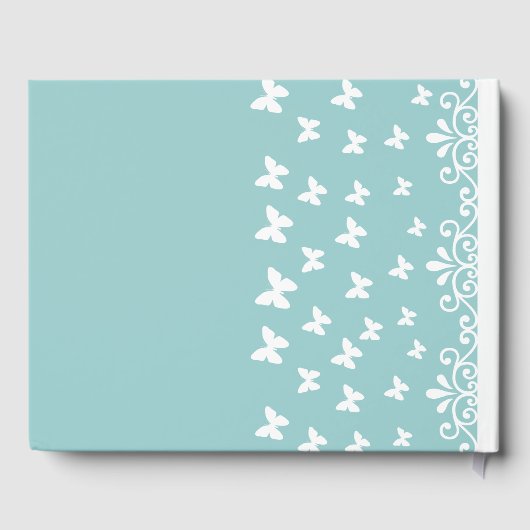 Wirbel Hochzeit mit hellblauen und weißen Schmette Gästebuch (Rückseite)