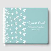 Wirbel Hochzeit mit hellblauen und weißen Schmette Gästebuch (Vorderseite)