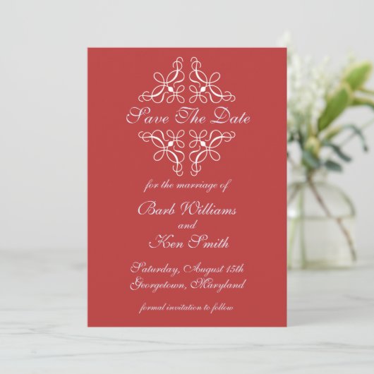 Wirbel in Candy Red Save the Date (Stehend Vorderseite)