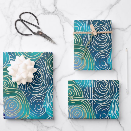 Wirbel mit Blauer Grüne und Aquamarine Blüten Geschenkpapier Set (Vorderseite)