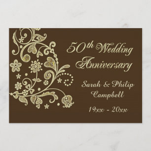 Wirbel mit goldenen Blumen, Herz 50 Hochzeitstag Einladung
