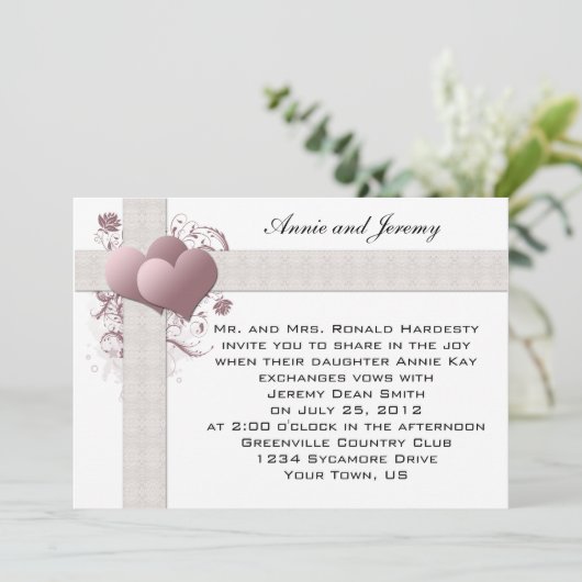 Wirbel mit rosa Herzen Hochzeitsfeiern Einladung (Stehend Vorderseite)