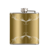 Wirbel mit weißer Blume über Gold Flachmann (Rückseite)