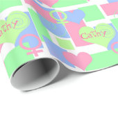 Wirbel, Quadrate und Herzen+Namens-/weibliches Geschenkpapier (Rolleneckpunkt)