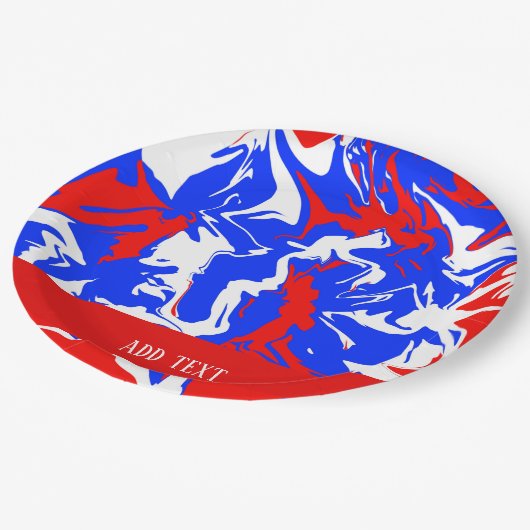 Wirbel Rot, Weiß und Blau Pappteller (Schrägansicht)