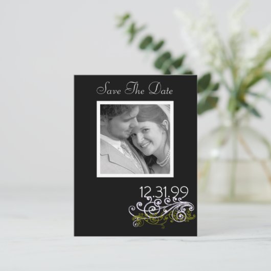 Wirbel Schwarz/Weiß Save the Date Ankündigungspostkarte (Stehend Vorderseite)