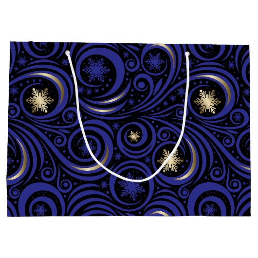 Wirbel und Schneeflocken Blau und Gold Große Geschenktüte (Rückseite)