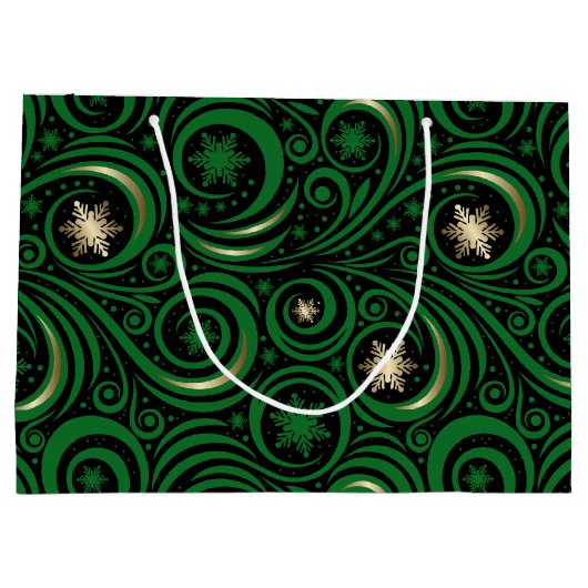 Wirbel und Schneeflocken Grün und Gold Große Geschenktüte (Rückseite)
