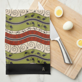 Wirbel und Wellen in Rot, Grün + Creme (Monogramm) Geschirrtuch