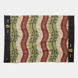 Wirbel und Wellen in Rot, Grün + Creme (Monogramm) Geschirrtuch