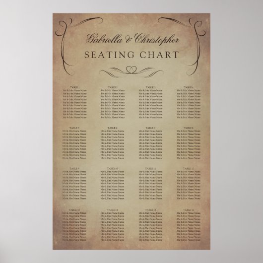 Wirbel Vintag | Hochzeitsstichtabelle 16 Tabelle Poster (Vorne)