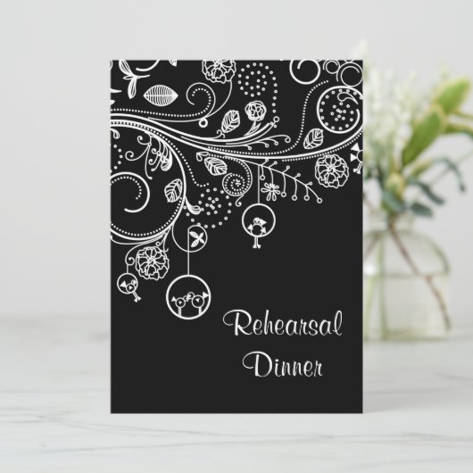 Wirbel, Vögel Schwarz-weiß Hochzeitsessen Probe Einladung (Stehend Vorderseite)