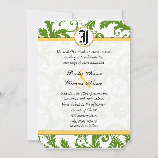 Wirbel von Gelb- und GrünDamast Hochzeitsfeiern Einladung (Vorderseite)