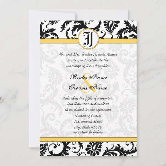 Wirbel von Gelb- und SchwarzDamaskohle Hochzeitsfe Einladung (Vorderseite)