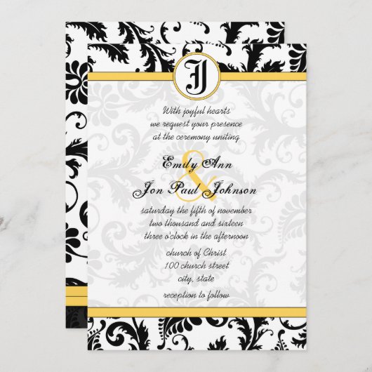 Wirbel von Gelb- und SchwarzDamaskohle Hochzeitsfe Einladung (Vorne/Hinten)