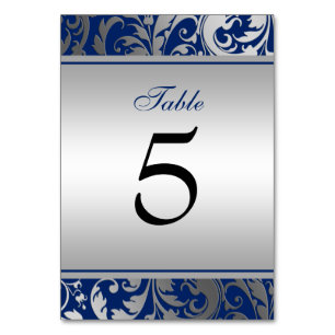 Wirbel von Navy Blue und Silver Damask Hochzeiten Tischnummer