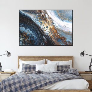 Wirbelnde blaue und goldene Flüssig-Abstract-Kunst Leinwanddruck