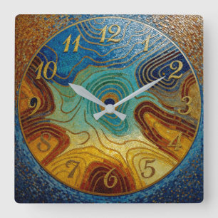 Wirbelnde Mosaik-Wanduhr Blau Türkis Cyan Gold Quadratische Wanduhr