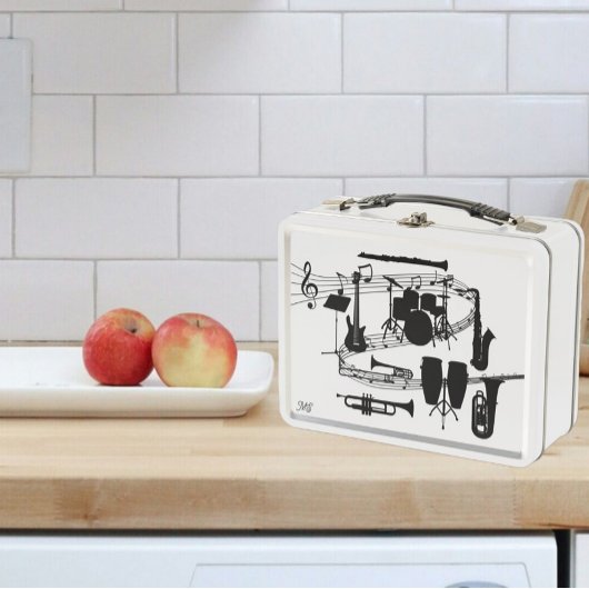 Wirbelnde Musikmitarbeiter und Musikinstrumente Metall Brotdose