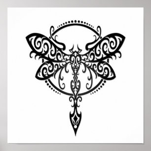 Wirbelnde schwarze Libelle auf Weiß Poster