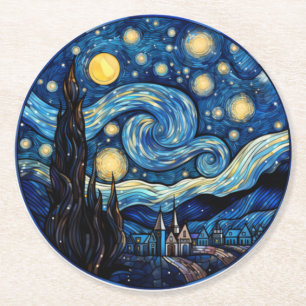 Wirbelnder Sternennacht-Inspirierter Kunstdruck Runder Pappuntersetzer