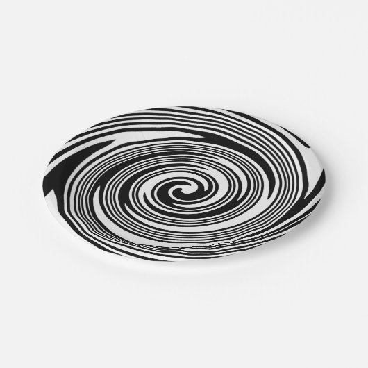 Wirbelndes Schwarzweiss-Muster Pappteller (Schrägansicht)