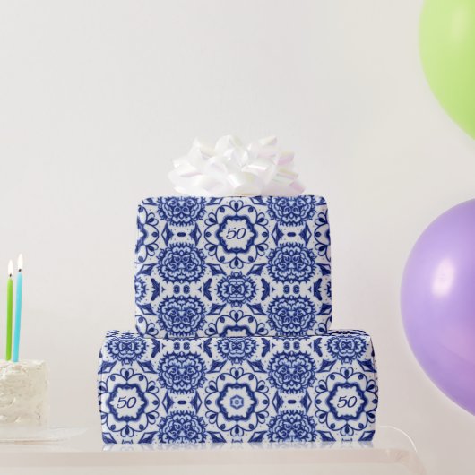 Wirble Blumengeburtzeit - Elegantes Blau & Weiß Geschenkpapier (Partygeschenke)
